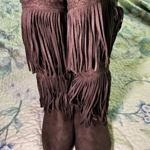 Not Rated Slate Gray Fringed Boots With Back Zip